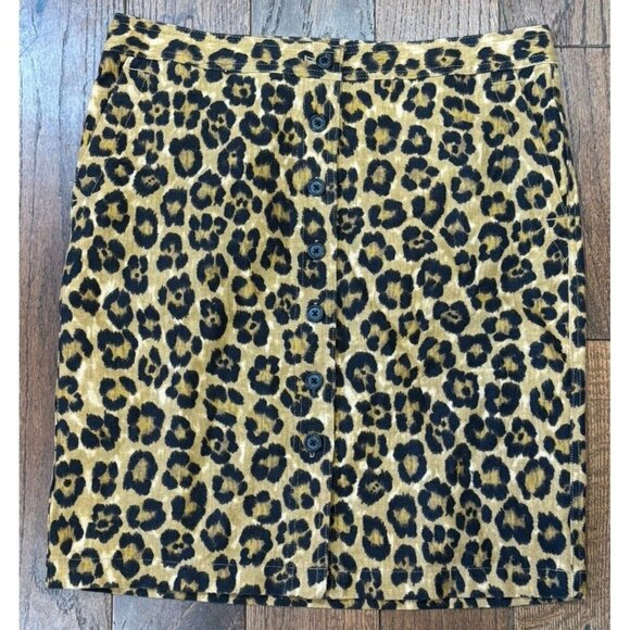 Lauren Ralph Lauren Button Front Leopard Print Skirt Sz 12P Pencil Knee Length - Picture 1 of 10